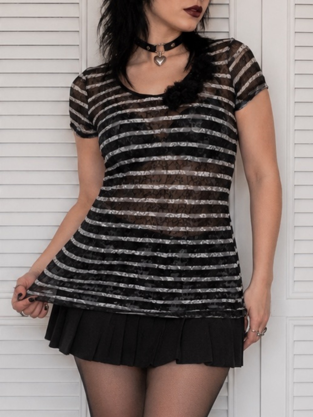 Goth Y2K Sheer Black and White Striped Lace Overlay Short Sleeve Top